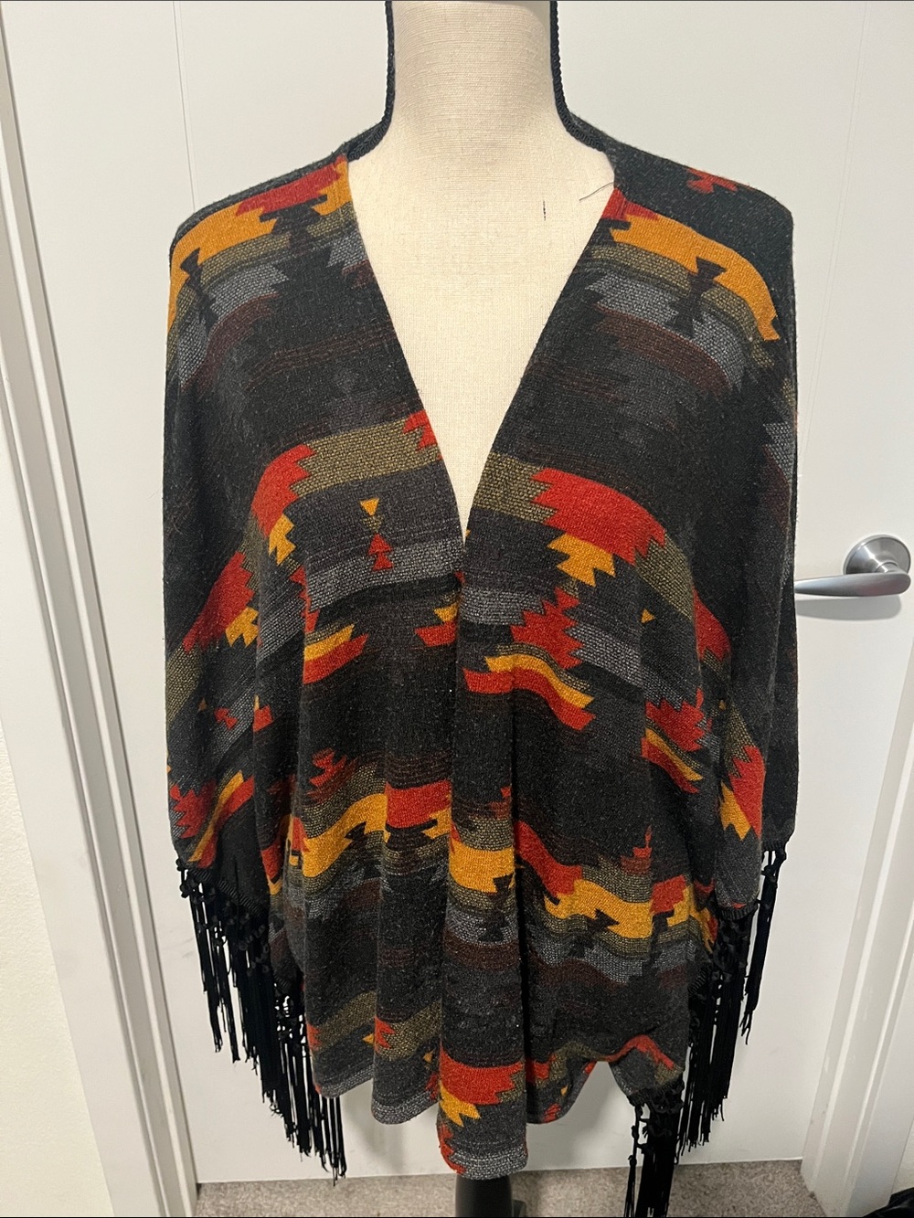 Wrangler Aztec Southwestern Fringe Open Front Knit Poncho Bohemian